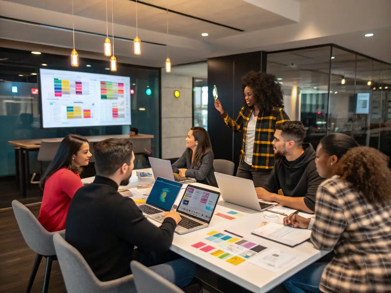 A strategic planning session with visual charts and digital marketing tools, used to represent Marketing Strategy Development service.